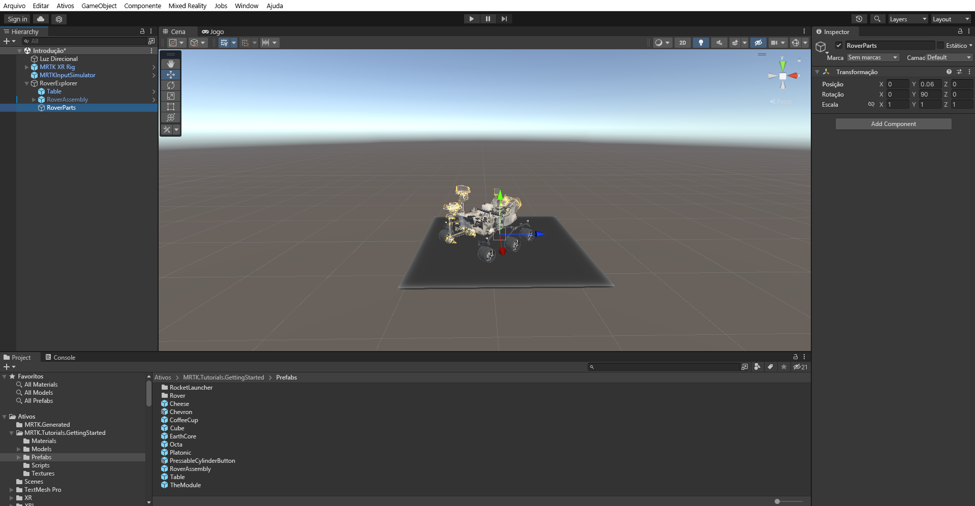 Captura de tela que mostra o objeto RoverParts recém-criado, selecionado e posicionado.