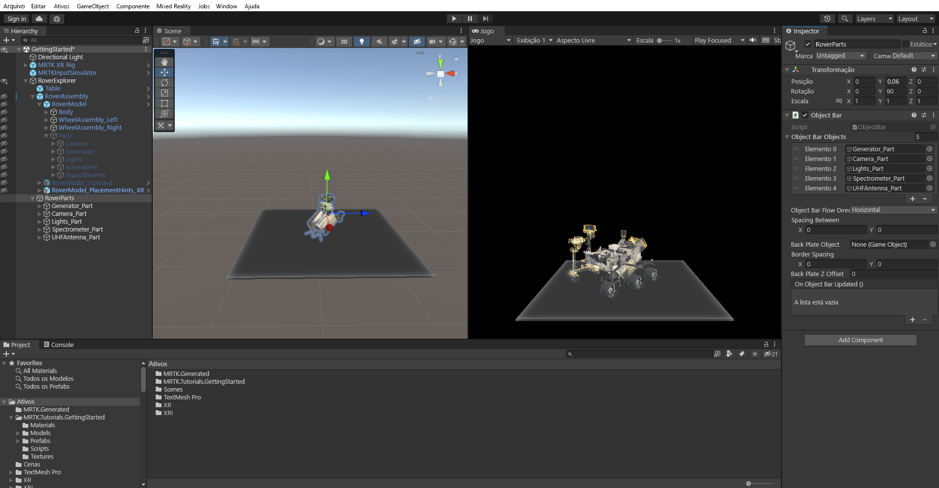 Captura de tela que mostra os RoverParts adicionados como objetos da barra de objetos.