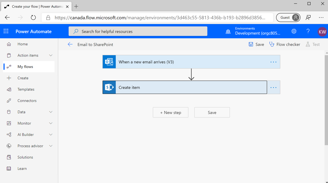 Captura de tela do exemplo de fluxo do Power Automate com o SharePoint.
