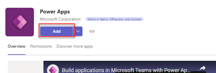 Captura de tela do aplicativo do Power Apps for Teams e o botão Adicionar.