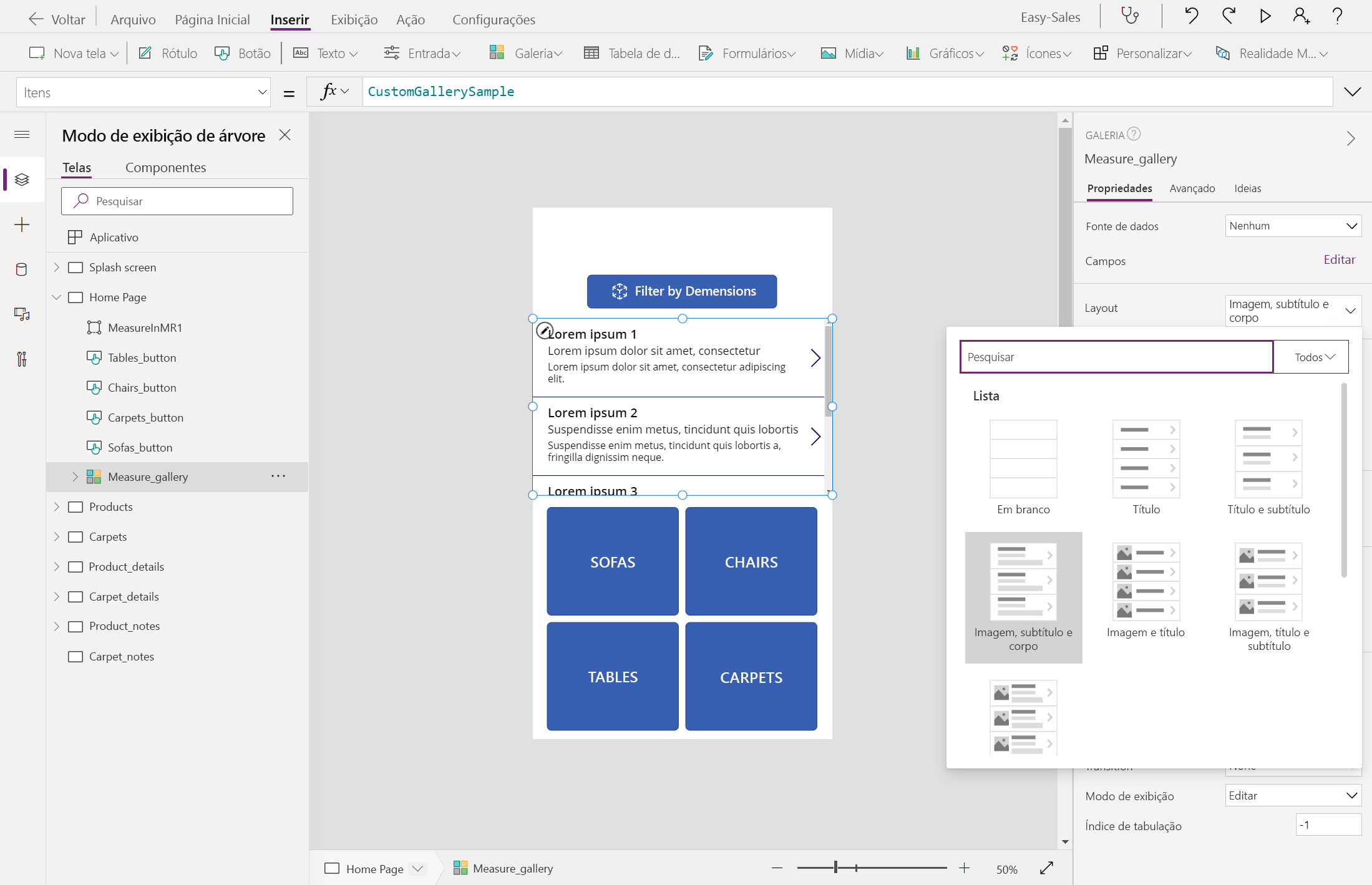 Captura de tela da configuração do layout