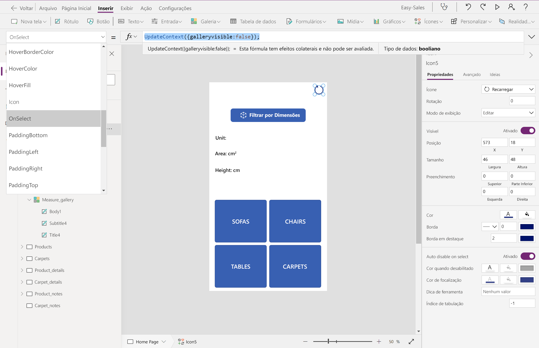 Captura de tela da configuração do OnSelect para o ícone de recarregamento.