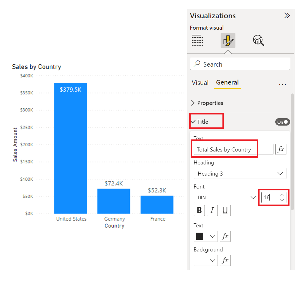 Captura de tela das opções de formatação do título de visualização.