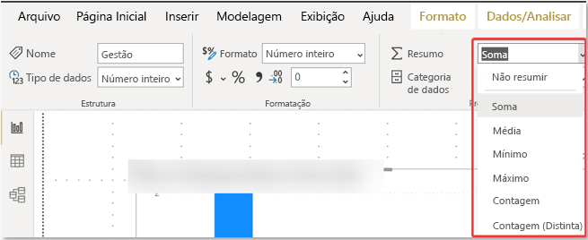 Captura de tela das opções ao selecionar a agregação padrão para um campo.