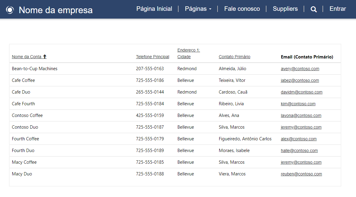 Captura de tela da página do fornecedor mostrando uma lista de contas.