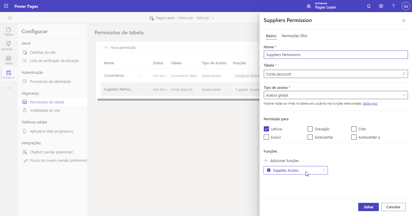 Captura de tela da linha de permissão da tabela Permissões de Fornecedores com o painel Propriedades aberto e a função Fornecedores exibida como associada à linha de permissão da tabela.