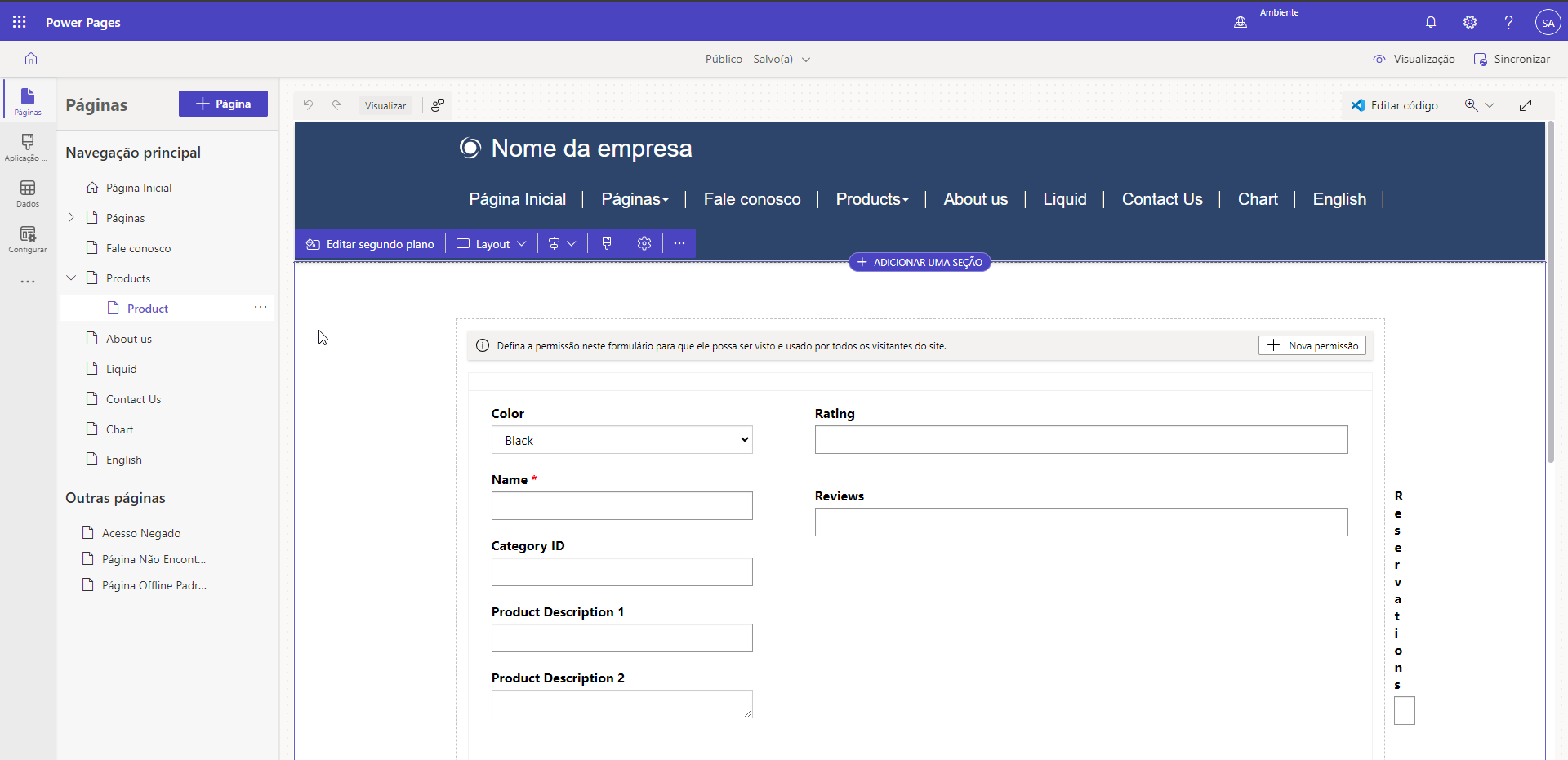 Captura de tela da página do produto no estúdio de design com o componente de formulário adicionado e configurado.