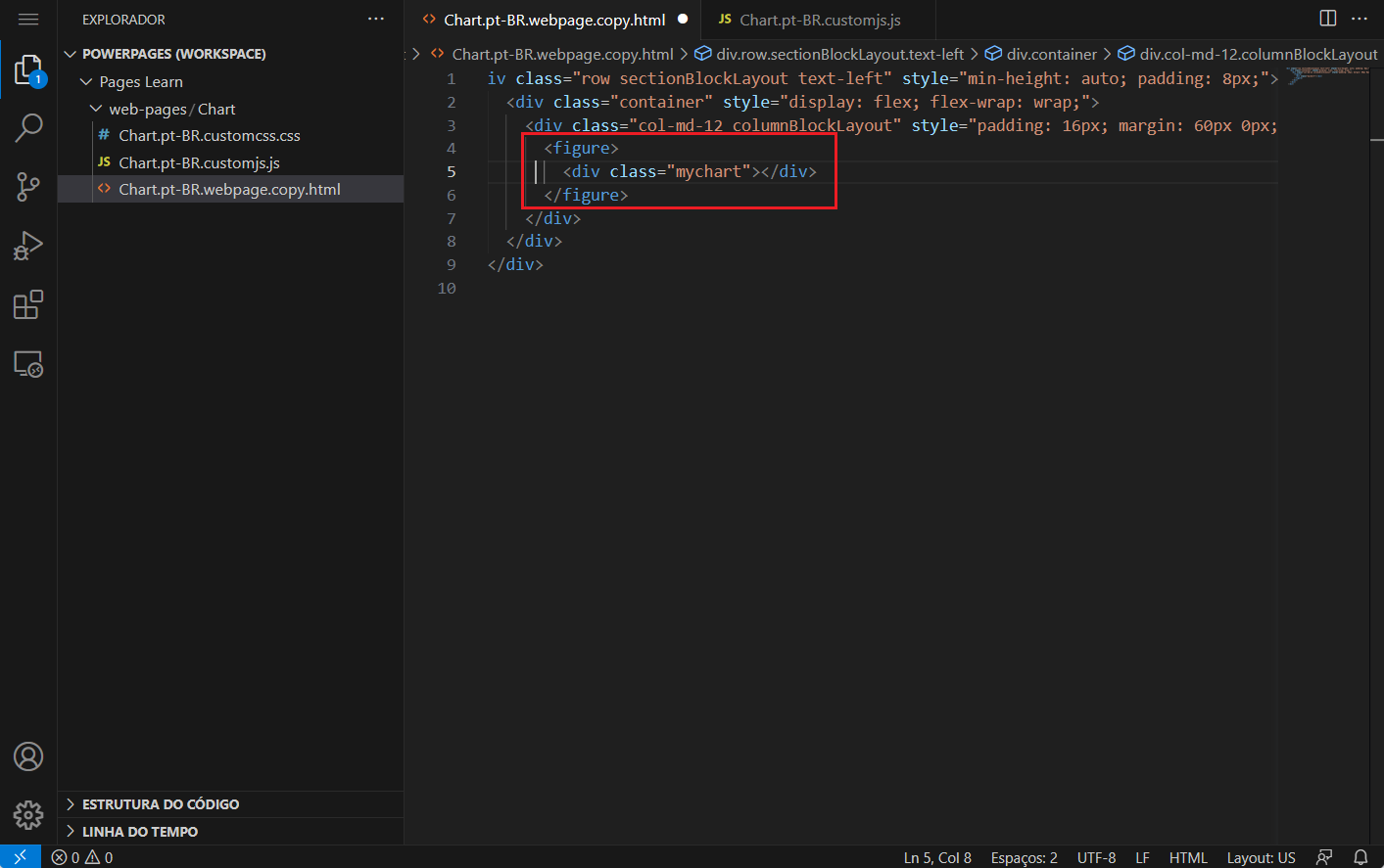Captura de tela da área de conteúdo da página no editor do Visual Studio Code.