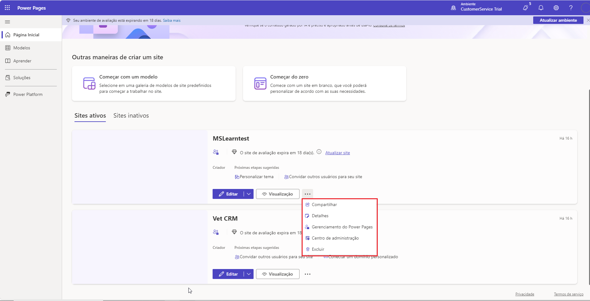 Captura de tela do ambiente do Power Pages maker com o menu de extensão expandido e o item de menu Power Pages Management selecionado.