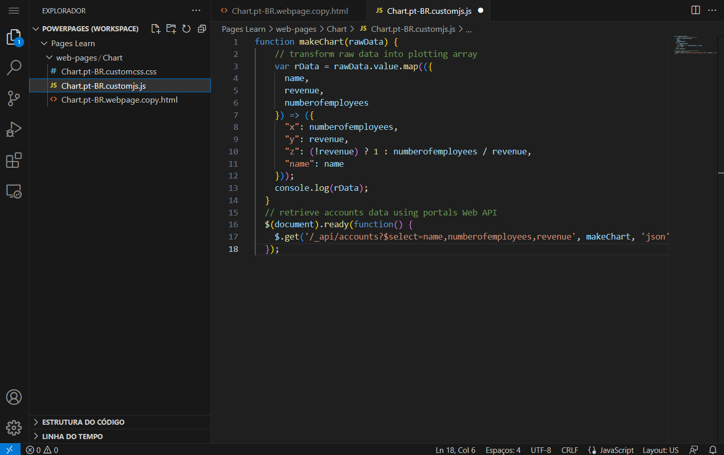 Captura de tela do editor do Visual Studio Code com JavaScript para recuperar dados de contas usando a A P I Web de portais.