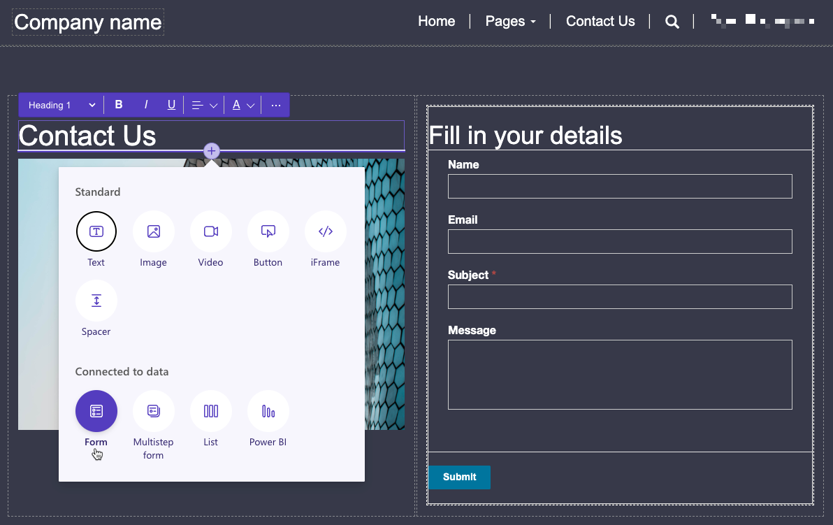 Captura de tela da página do Power Pages com um formulário no estúdio de design do Power Pages.