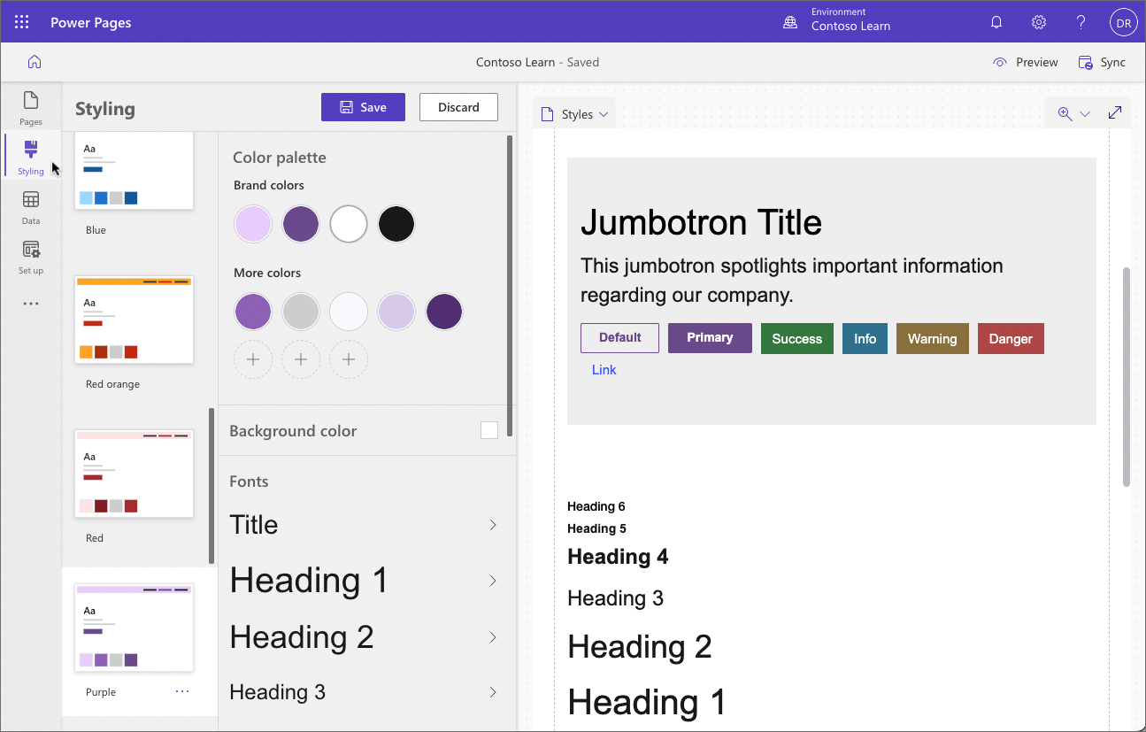Captura de tela do workspace Using Styling para selecionar e modificar um tema.