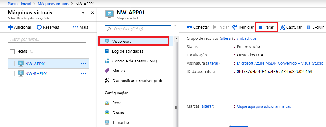 Screenshot that shows how to stop the VM.