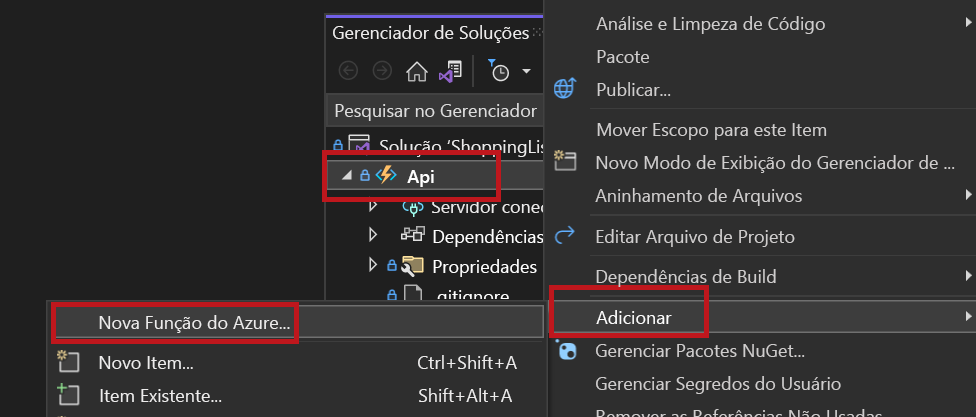 A screenshot showing how to create the Azure function item.