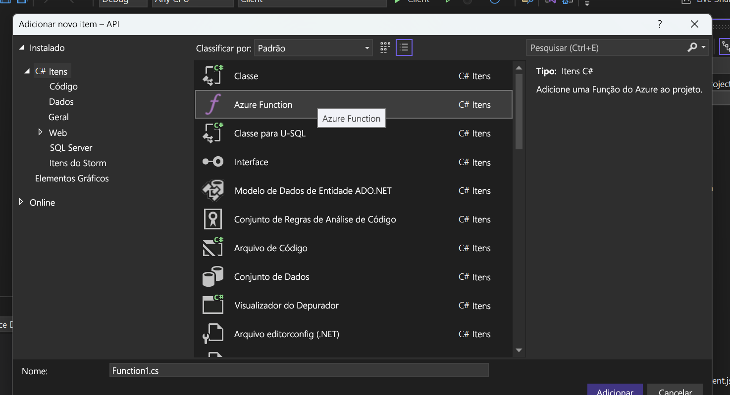 A screenshot showing the Azure function item selected.