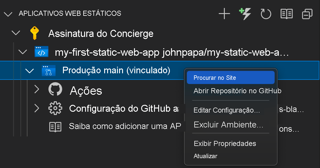 Screenshot showing how to browse to your static web app site.