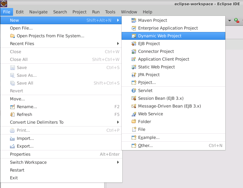 Screenshot of the New menu in Eclipse. The user has selected the Dynamic Web Project command.