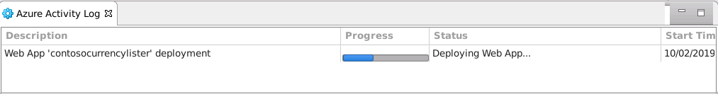 Screenshot of the Azure Activity Log window while the web app is being deployed.