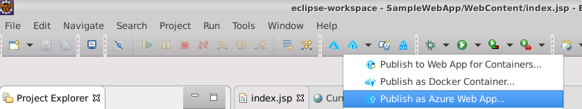 Screenshot of the Azure toolbar in Eclipse. The user has selected the Publish as Azure Web App command.