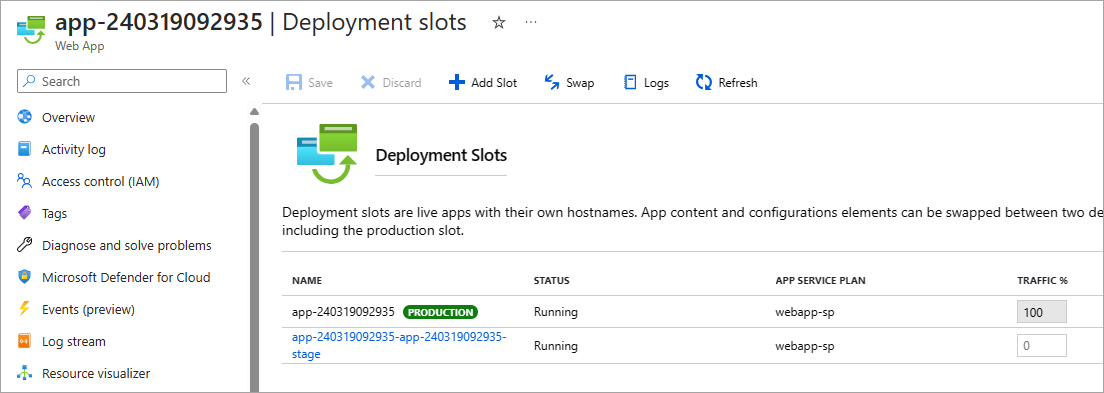 Captura de tela de troca de slots de implantação usando o portal do Azure.