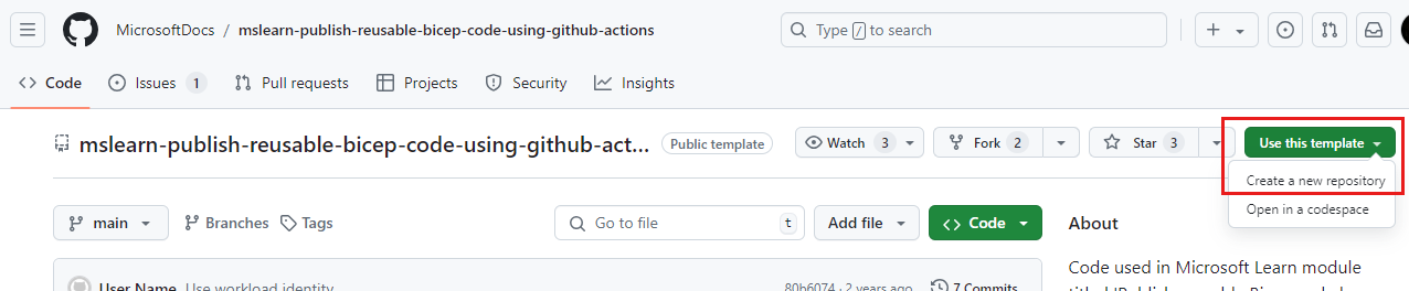 Captura de tela da interface do GitHub que mostra o repositório de modelos. O botão para usar o modelo está realçado.