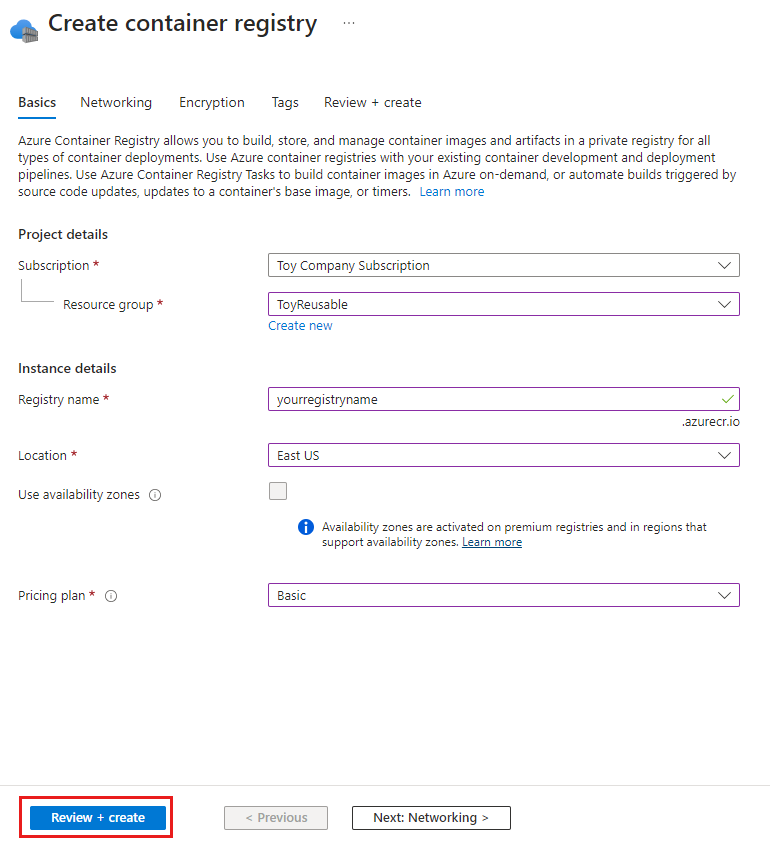 Captura de tela do portal do Azure mostrando a página de criação do Registro de Contêiner.