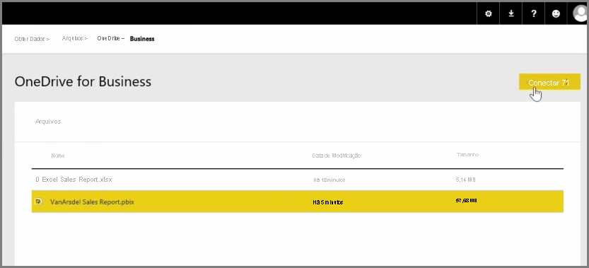 Captura de tela do OneDrive for Business selecionando um arquivo PBIX.