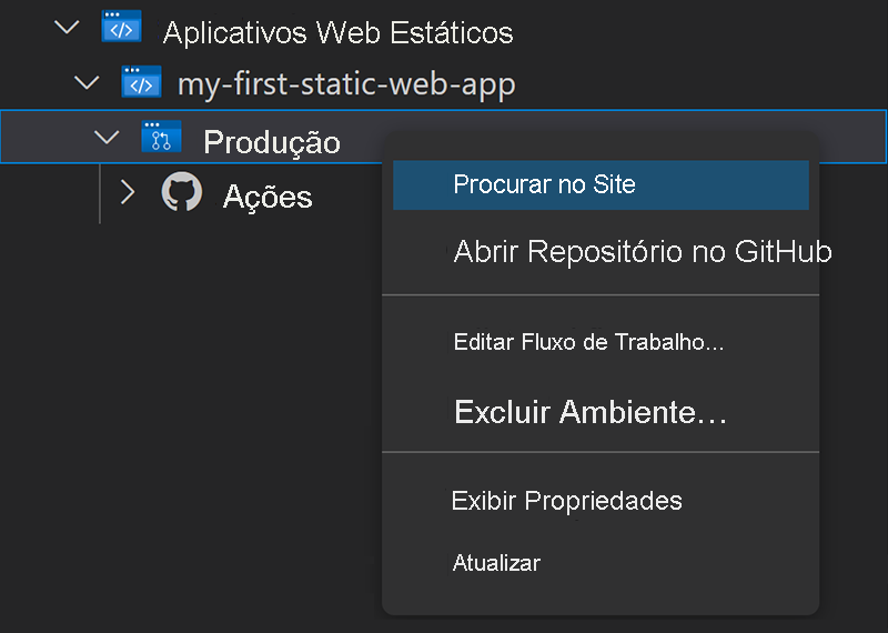 Screenshot showing how to use the Visual Studio Code extension to browse the static web app.