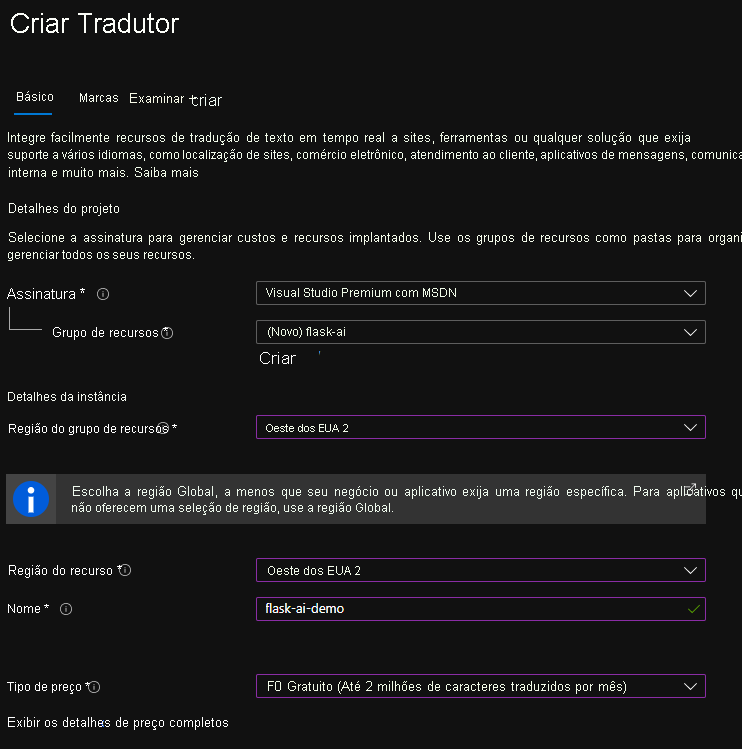 Screenshot showing the completed Translator create form.
