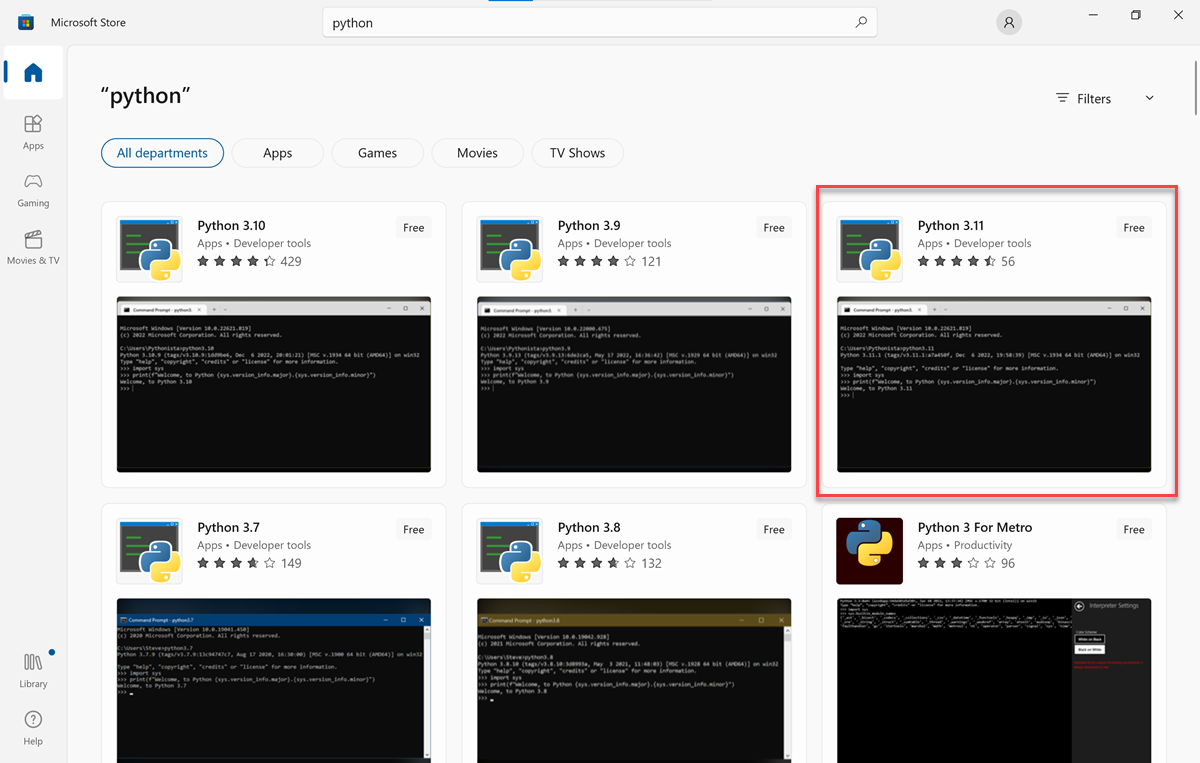 Captura da tela dos resultados da pesquisa da Microsoft Store para Python, destacando o Python 3.11.