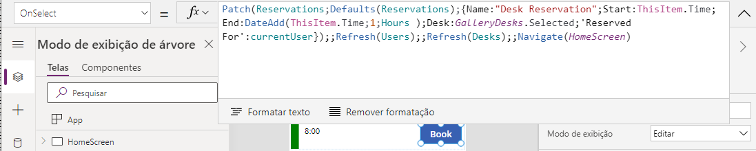Captura de tela do botão OnSelect e sua fórmula.