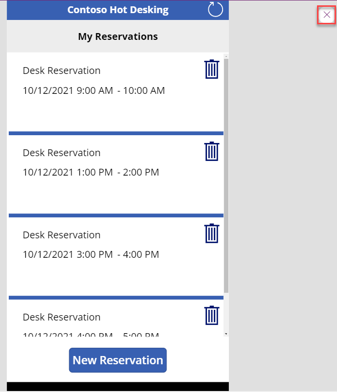 Captura de tela do botão para fechar a versão preliminar do aplicativo de tela.