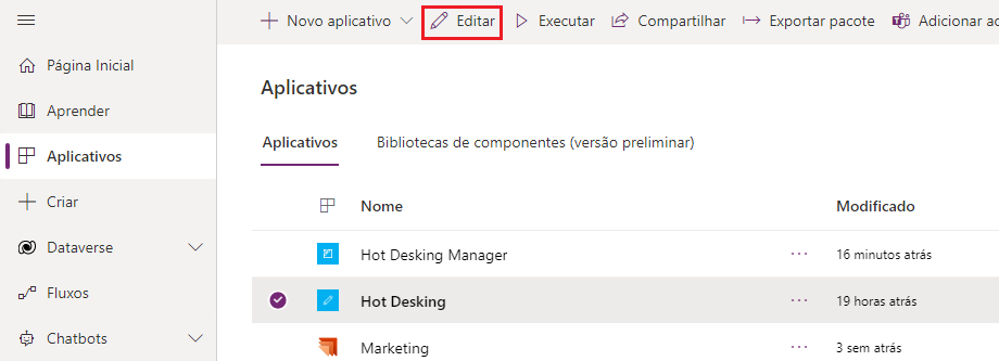 Captura de tela do botão Editar do aplicativo Hot Desking.