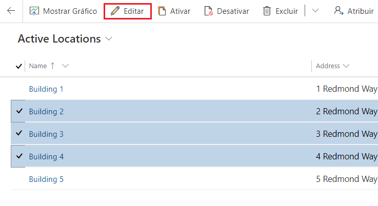 Captura de tela de três locais selecionados na lista suspensa Locais Ativos, com o botão Editar realçado.