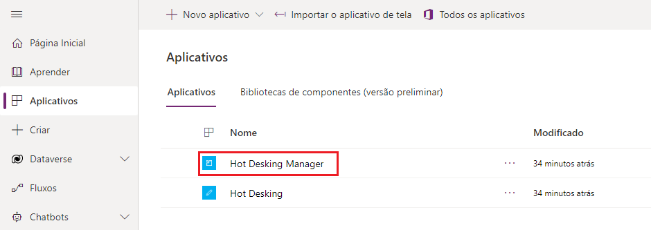 Captura de tela do link do aplicativo Hot Desking Manager.
