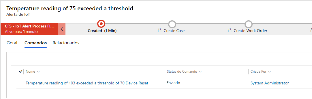 Captura de tela da guia Comandos com um comando enviado ao dispositivo.