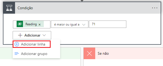 Captura de tela do valor de leitura definido como 71 e o recurso Adicionar linha.