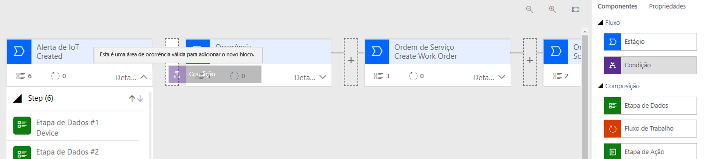 Captura de tela da guia Componentes com o componente Condição para a direita do Alerta de IoT Criado.