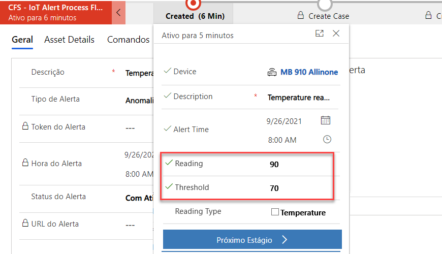 Captura de tela do estágio criado com a leitura e o limite destacados.