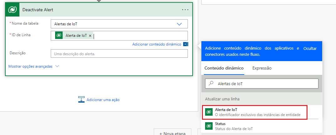 Captura de tela do Alerta de IoT destacado.