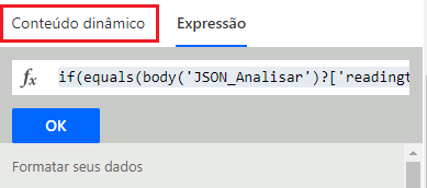 Captura de tela da expressão colada na guia Expressões.