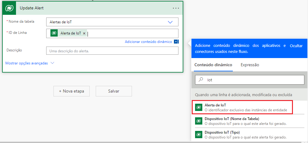 Captura de tela do Alerta de IoT no painel de Conteúdo dinâmico.