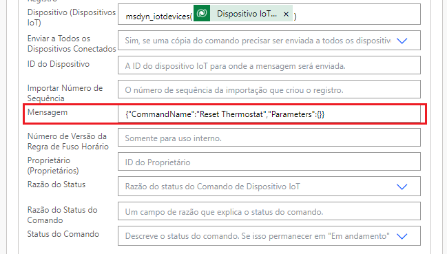 Captura de tela do JSON colado no campo Mensagem.