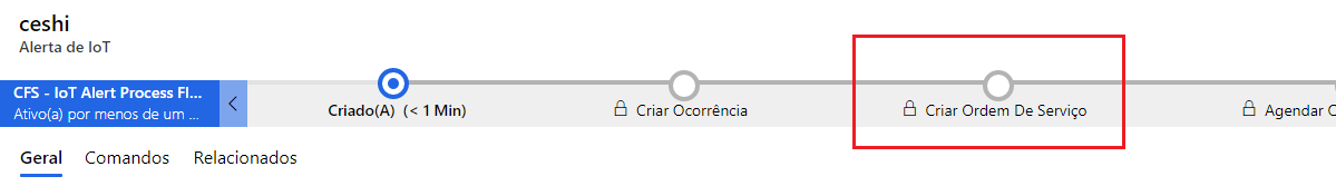 Captura de tela do estágio Criar Ordem de Serviço com o estágio Criar Caso ignorado.