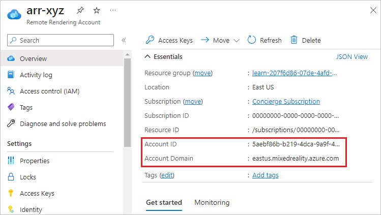 Uma captura de tela da página de visão geral do Remote Rendering com o Domínio de Contas e a ID da Conta realçados.