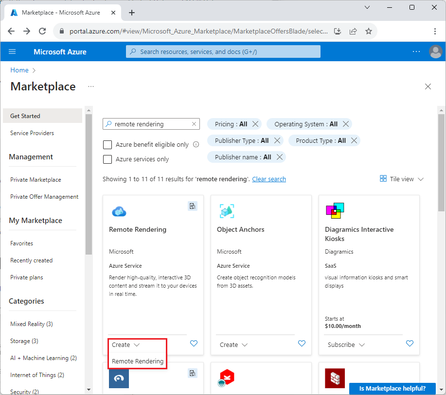 Uma captura de tela dos resultados do Marketplace com a seleção Criar Remote Rendering realçada.