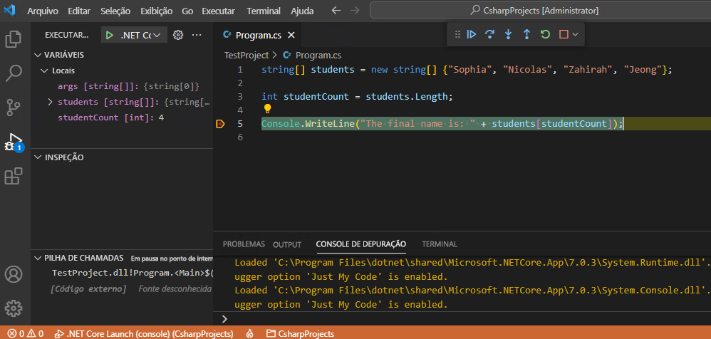 Captura de tela que mostra as ferramentas do depurador do Visual Studio Code.