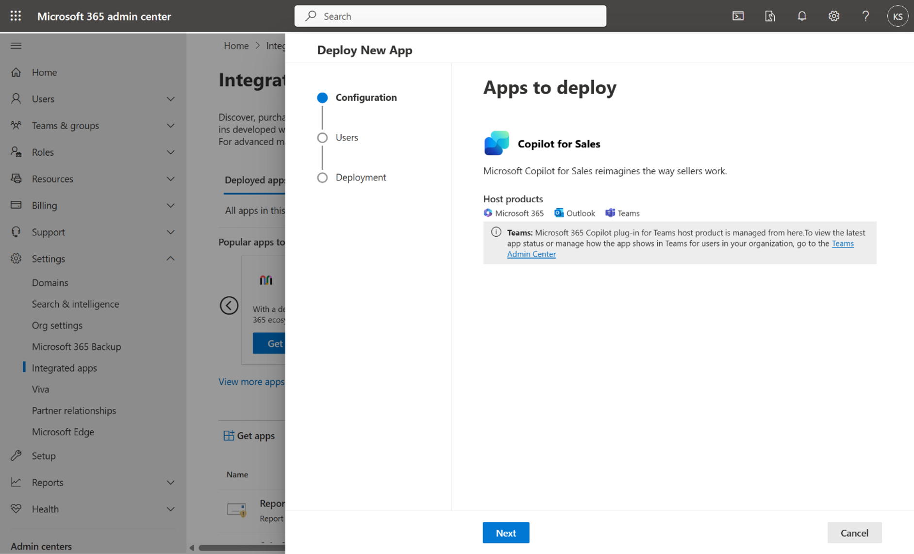Captura de tela mostrando a página Aplicativos a implantar.