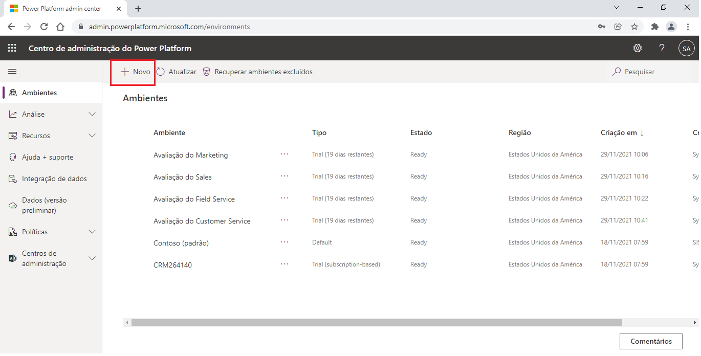 Captura de tela do Centro de administração do Microsoft Power Platform com o botão Novo realçado.