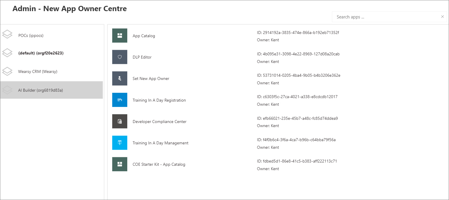Captura de tela de Administração – Novo centro do proprietário do aplicativo com a guia AI Builder selecionada.